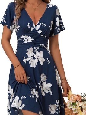 Floral V-Neck Navy Midi Dress